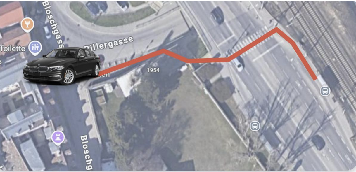 Markierter Fußweg von der Bushaltestelle Kahlenbergerdorf zum Shuttle-Treffpunkt in der Bloschgasse